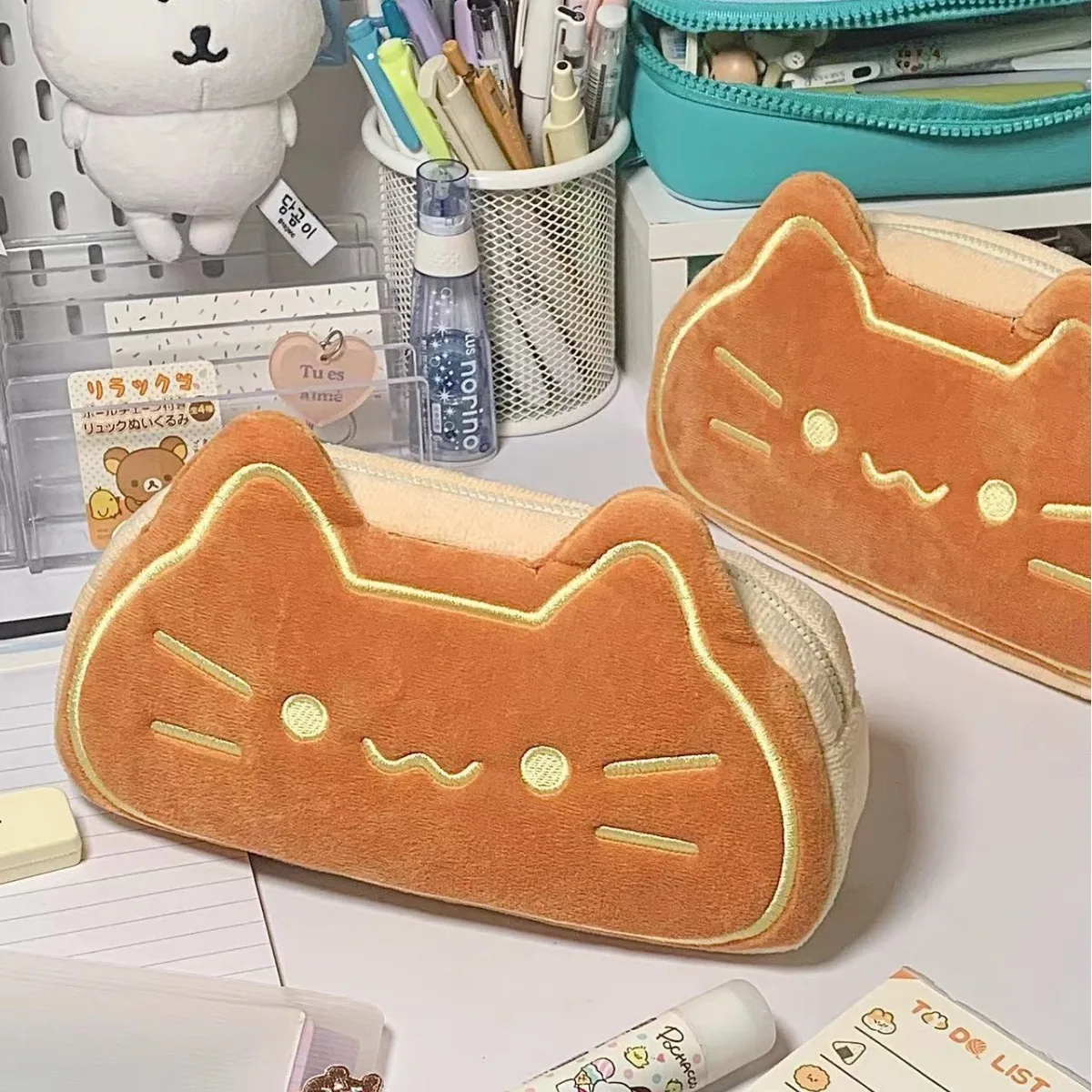 Cute Caramel Cat Plush Pen Case - Ins Style Kawaii Animal Pencil Organizer, Large Capacity Stationery Pouch for Students