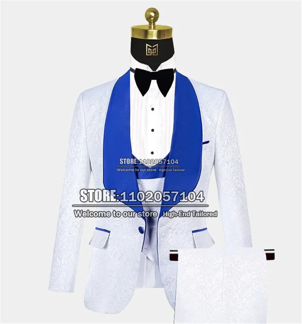 

White Suits Men For Wedding Slim Fit Jacquard Jacket+Vest+Pants 3 Pieces Formal Tuxedo Smoking Business Classic Office Blazers