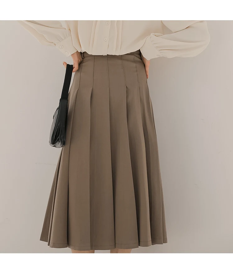 Autumn Elegant Women Pleated Drape Long Skirt Vintage High Waist Female A-line Preppy Style Mid-Calf Long Cotton Woman Skirts purple skirt