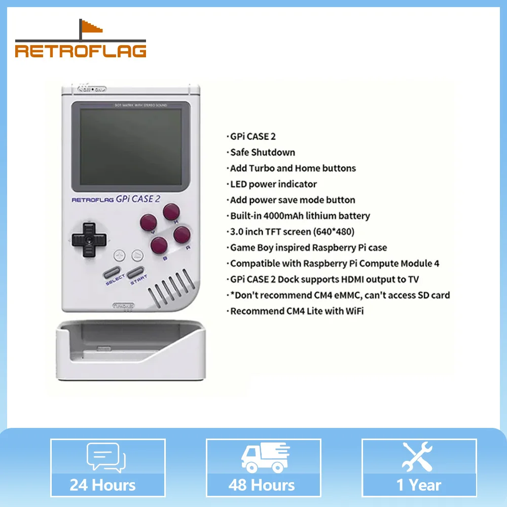 

Игровой автомат Retroflag GPi чехол 2 Plus с зарядной док-станцией, 3,0 дюймовый экран TFT (640*480), поддержка платы Raspberry Pi CM4