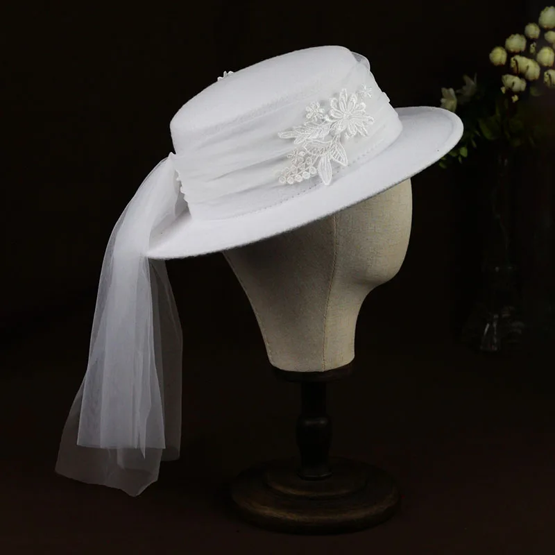 SLBRIDAL White Yarn Lace Flower Bridal Wedding Hat Women Hats Cap Ladies Elegant Church Party Headpieces Decoration Veil Hat white 1 tier church bridal veil with comb wedding accessories ladies decoration