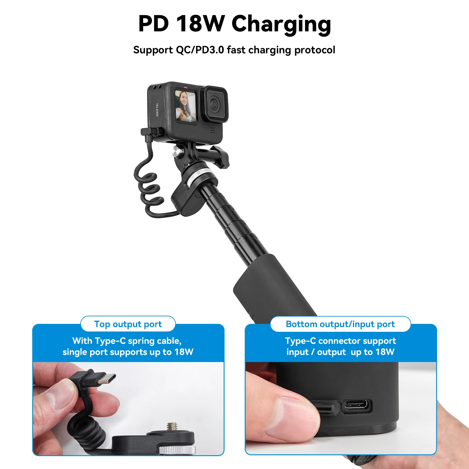 TELESIN TE-CSS-001 Selfie Stick QC/PD3.0 fast charging Power Selfie Stick 90CM Telescoping Pole with 1/4 Inch Screw selfie stick