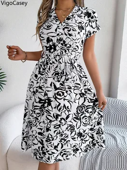 VigoCasey 2025 Female Elegant Flower Print Short Dress Women Sexy Short Sleeve Clud Dress Lady Casual V Neck Summer Dresses