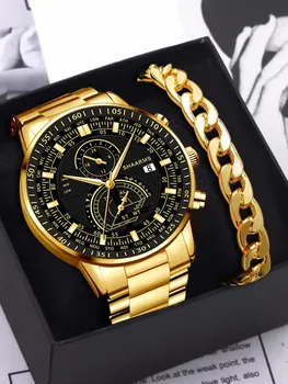 Модные мужские часы из нержавеющей стали, роскошные кварцевые наручные часы с календарем, светящиеся часы, мужские деловые повседневные ча...