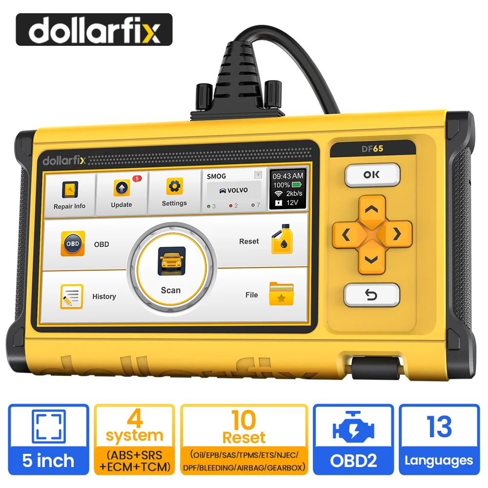 

Автомобильный сканер DollarFix DF65 OBD2, диагностический инструмент, 4 системы, ABS SRS TCM двигатель, 10 сбросов, считыватель кодов автомобиля, бессрочное бесплатное обновление