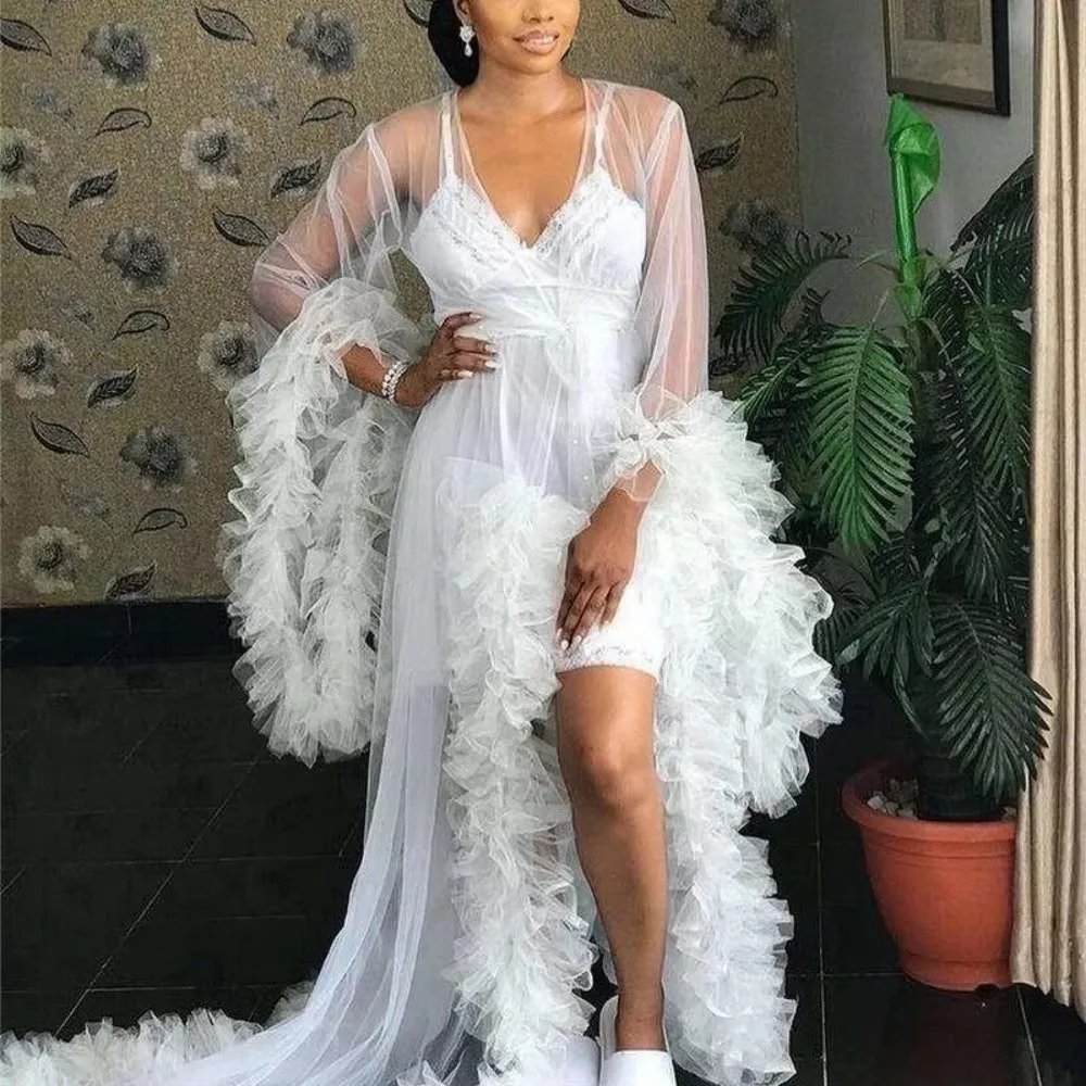 Ruffles Wedding Robe Pregnant Party Ruched Maternity Dresses Sheer Nightgown Long Jacket Evening Dress Customized 2