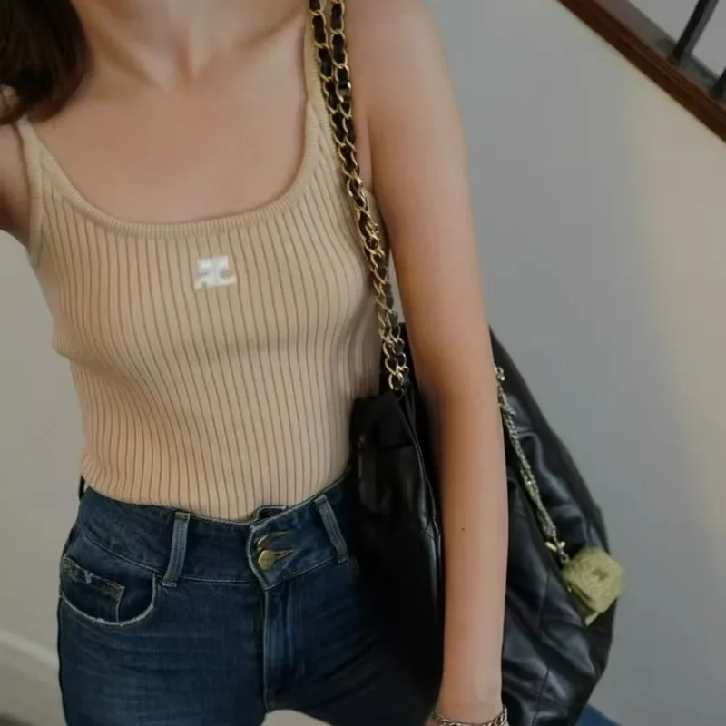 2024 New  Lady O Neck Summer Knit Vest Sleeveless Women Sexy Basic T Shirt White Off Shoulder Ribbed Black Tank Tops Casual