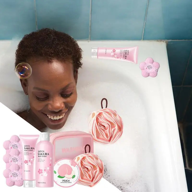 Cherry Bath Set Bath Travel Washing Set Body Moisturizing Includes Scrub Shower Gel Salt Puff Body lotion