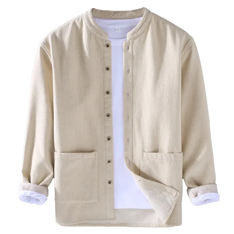 Cotton Linen Jacket Men Fleece Autumn Winter Stand-up Collar Pocket Long Sleeves Shirt Vintage Loose Coat Single-breasted Solid