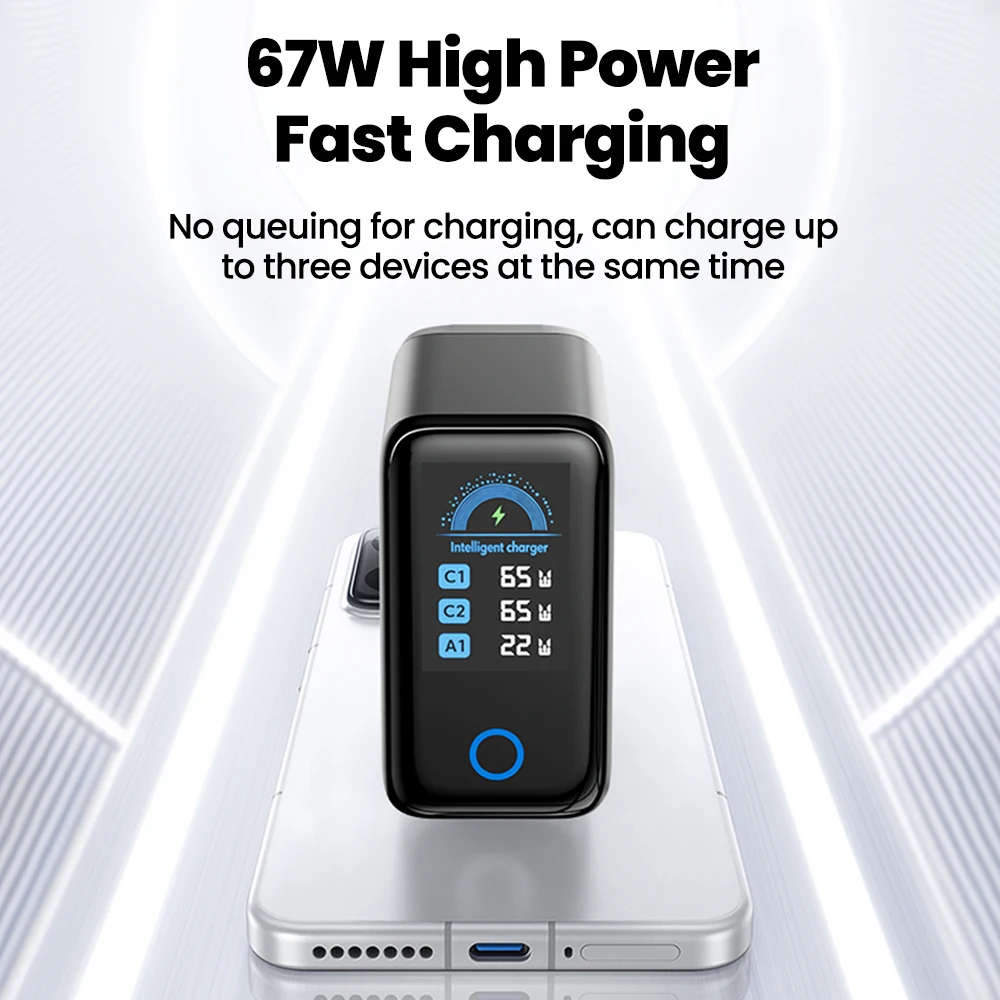 67W GaN USB-C Fast Charging Wall Charger with LCD Display - Portable Travel Charger