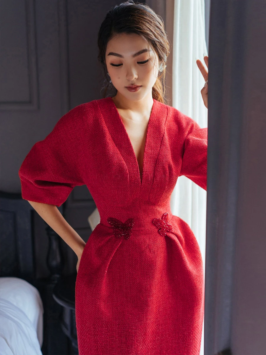 Tailor Shop vestido de tweed rojo para mujer, ropa semiformal ligera, con mangas de diseñador, primavera y otoño| | - AliExpress