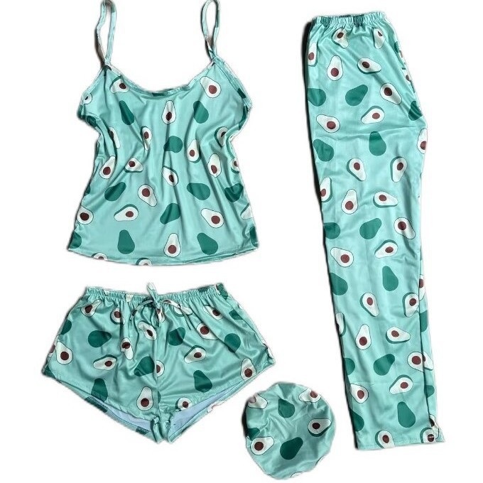 Ladies' Satin Avocado Print Lace Trim Camisole & Shorts/Pants 3-Piece Lounge Set