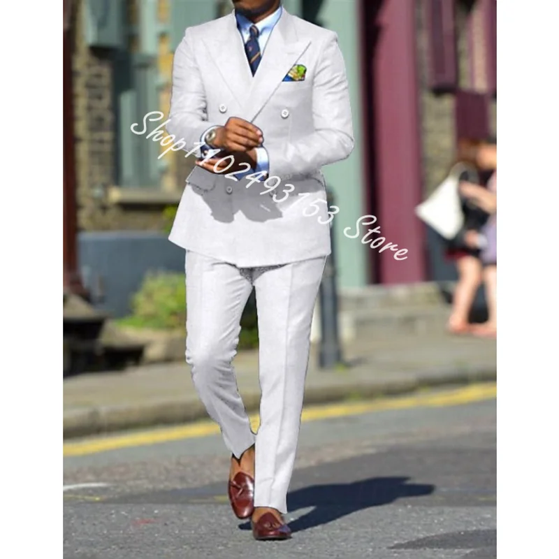 2024 Elegant Suits For Men Slim Fit Peak Lapel Double Breasted 2 Pieces Formal Business Groom Wear Wedding Tuxedos Costume Homme