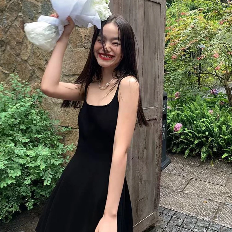 A Line Sleeveless Black Dresses Women Square Collar Spaghetti Strap Mini Dress Woman 2025 Streetwear Fashion Party Dress Female