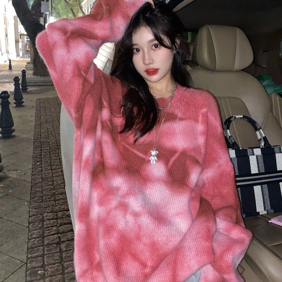 

Толстый свитер в японском стиле ретро, Свободная Женская верхняя одежда для ленивых, новый зимний женский вязаный свитер с градиентными цветами и завязками