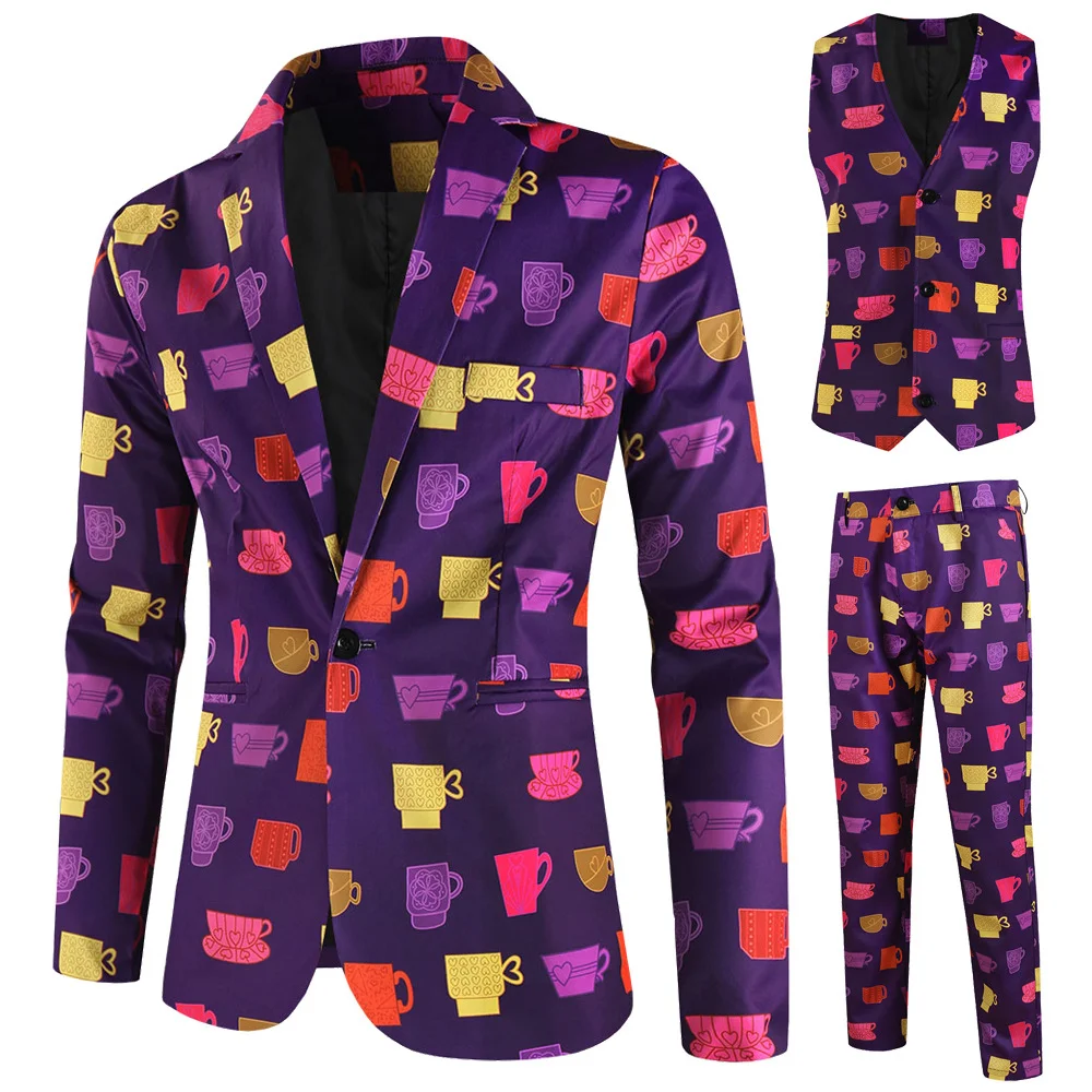 Valentine's Gift Men's Fashion Suit Three-Piece Sets Party Coat 3D Heart Printed Coat Vest Pants Suit Slim Fit Blazer Jacket Men