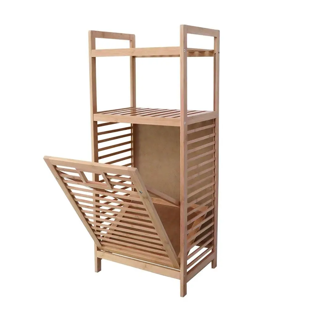 Bamboo 2-Tier Storage Rack Laundry Bsket Dirty Clothes Basket For Living Room Bedroom