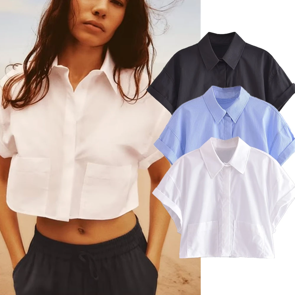 

Dave&Di 2023 Summer Fashion Blogger High Street Retro Shirt Casual Short Pocket Top Women