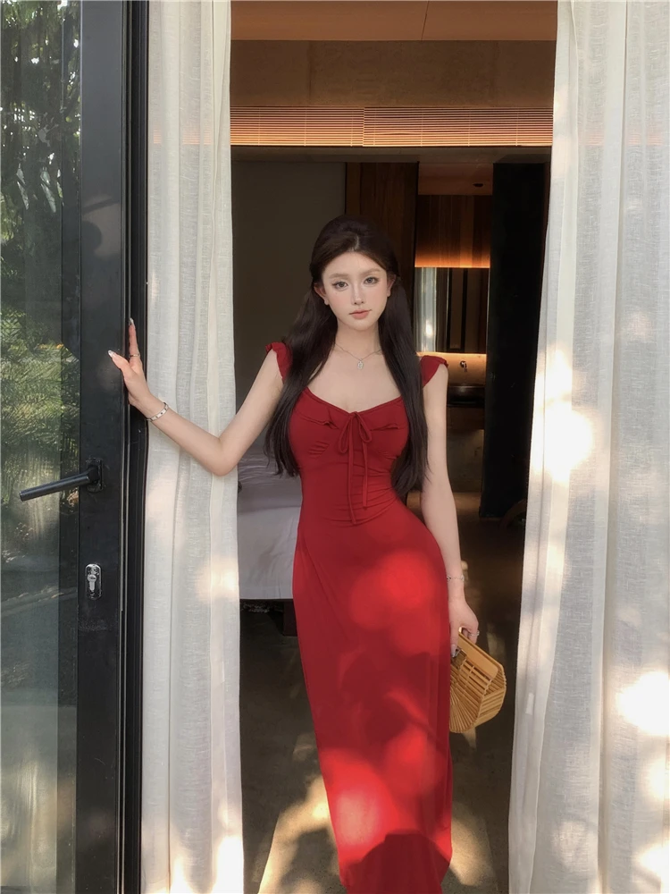 Spaghetti Strap Knitted Dresses for Women Lace-up Slim Solid Square Collar Elegant Sexy Korean Fashion Vestidos Mujer New