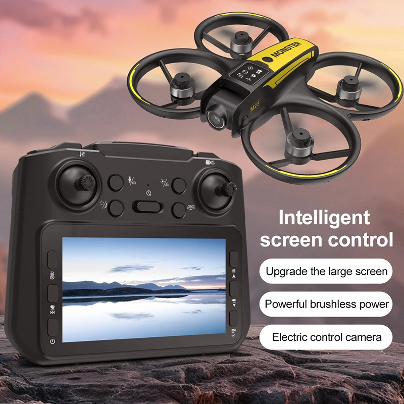 Vue rapprochée du drone M23 8K avec double caméra et GPS, montrant ses hélices et capteurs