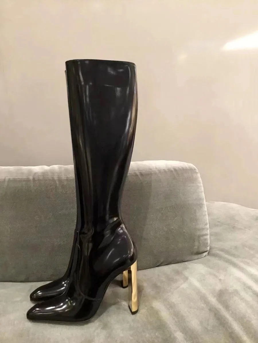 Women's Catwalk Square Toe No More Than Knee High Straight Leather Wood Grain Hollow Thick Heel Fashion Boots_voghion.com