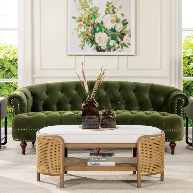 Nordic Modern Velvet Button Rivet Fabric Three Person Sofa Hotel Caf é Living Room Curved Furniture 3