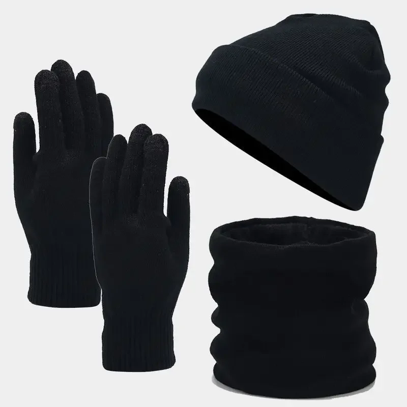 Fashion Trend Knitted Thickened Hat Scarf Glove for Men and Women Autumn Winter Add Velvet Cold Proof Warm Three Piece Set Gift