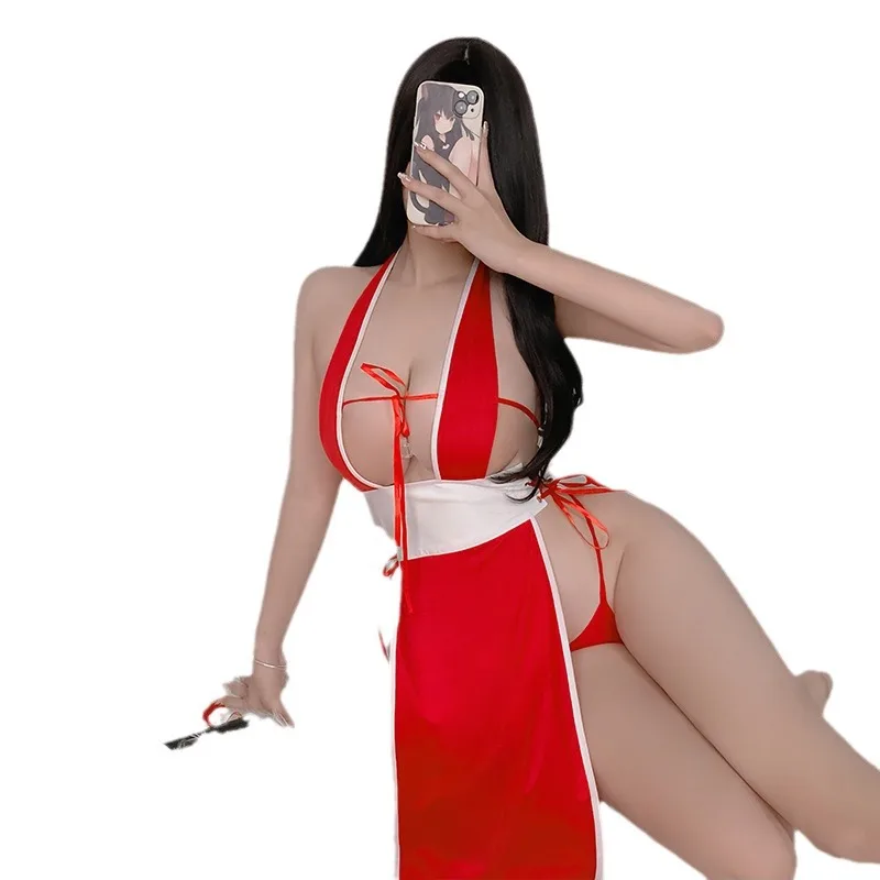 Anime Female Ninja Temperament Lingerie Kimono Outfits Women Deep Neck Hollow Halter Dress Erotic Costumes Gift