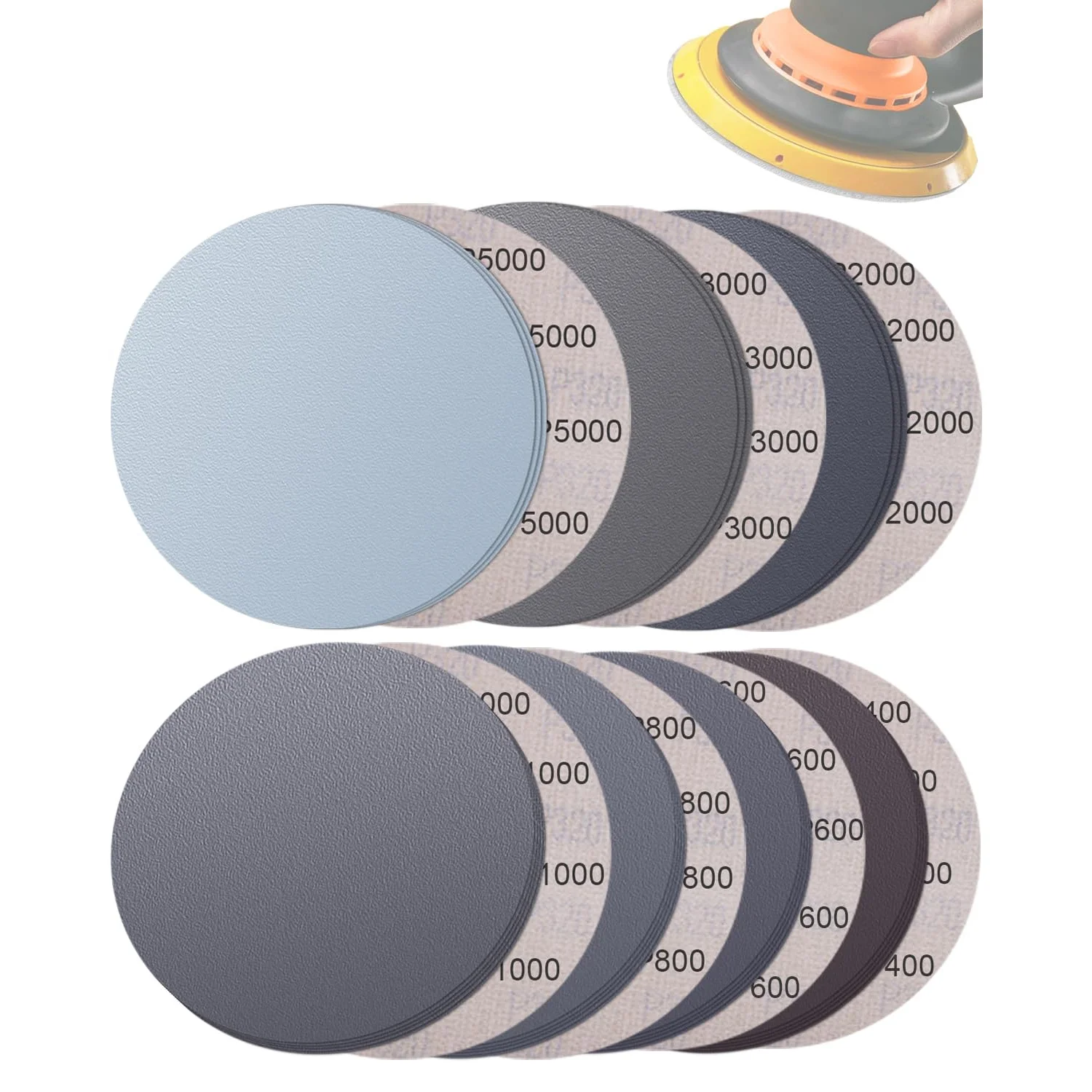 Gros plan sur disques de papier de verre humides et secs 125mm avec grains variés pour ponçage auto.