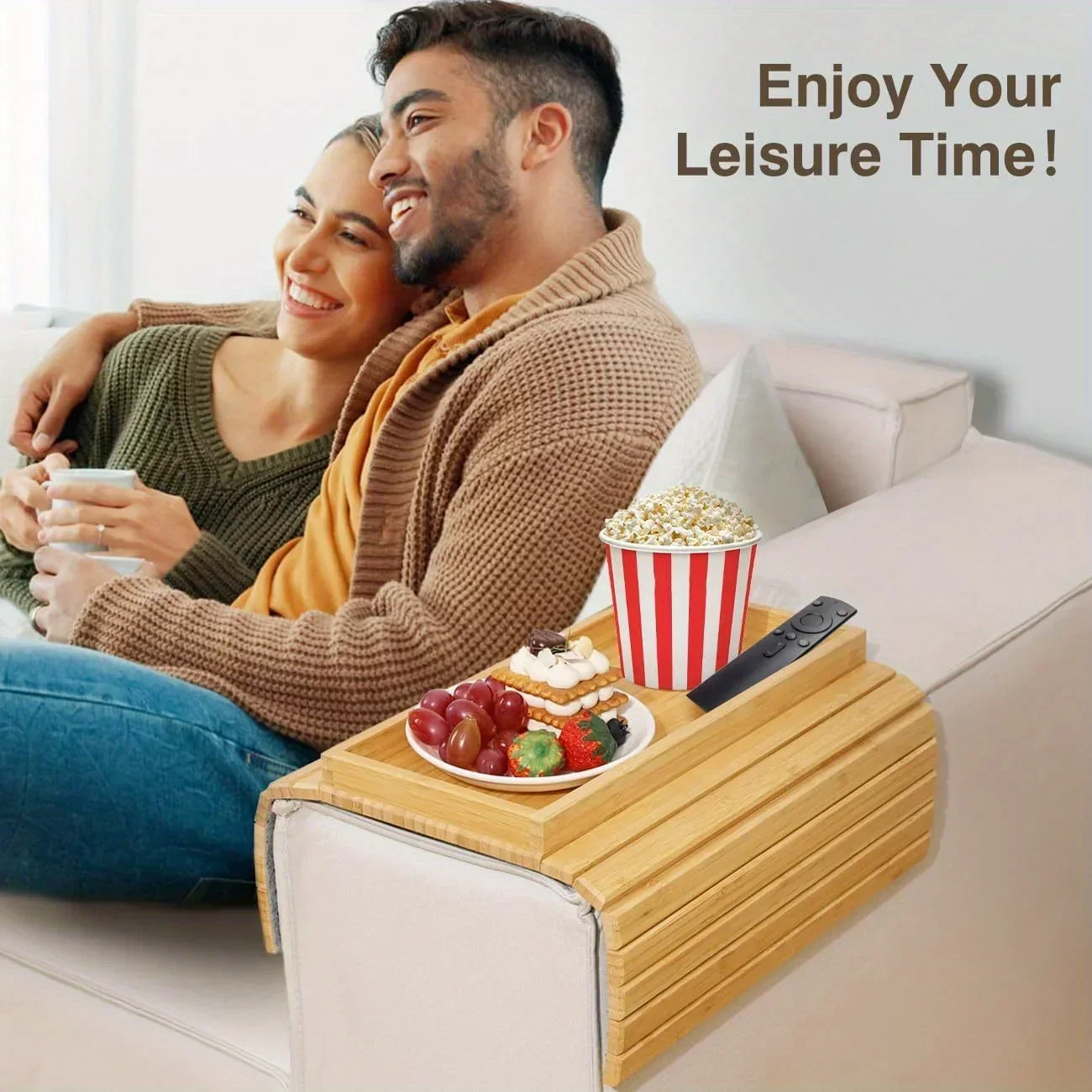 Sofa Armrest Tray Collapsible Bamboo Sofa Armrest Table, Non-slip Tray with Cup Holder, Snack Side Table