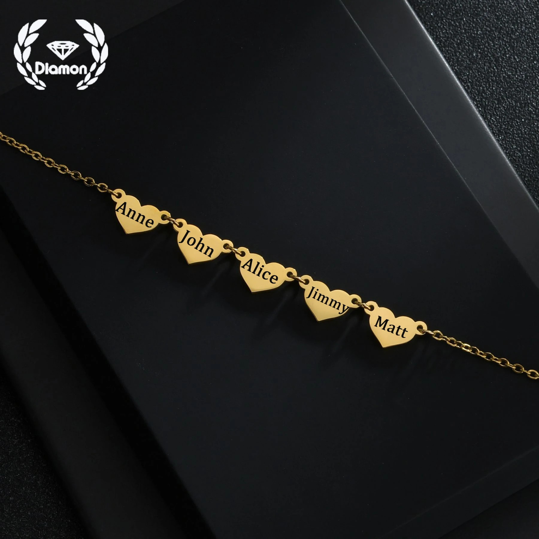 

Diamon New Fashion Engrave 1-5 Names Stainless Steel Bracelet for Women Kids Customized Heart Gold Color Chain Jewelry Gift