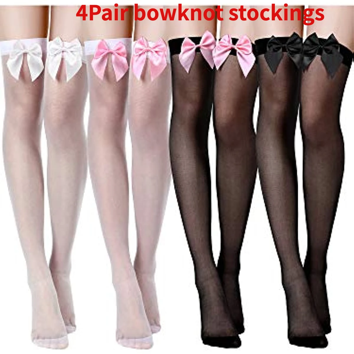 4 пары, женские чулки выше колена с бантом