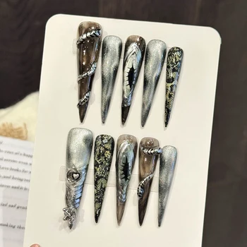 10PCS Devil's Eye Long Pointed False Nails Silver Black Gothicpunk Style Handmade Fake Nail Tips For Costume Party Press on Nail 1