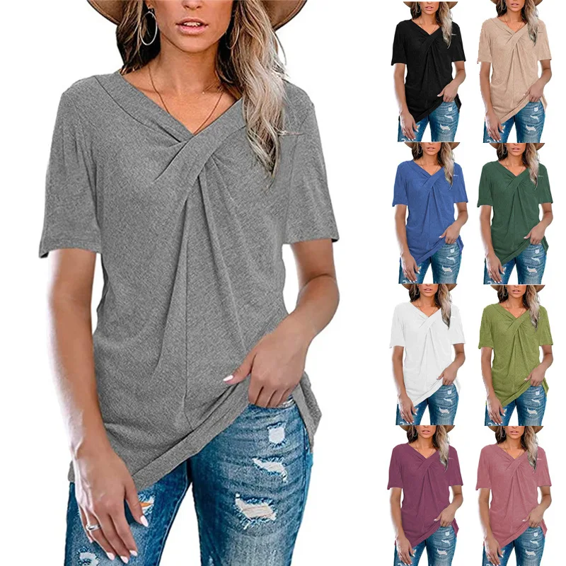

Vintage Loose Solid Color Short Sleeve Woman Tshirts Female Summer Plus Size Cross Tunic Top Basic Y2k Shirt