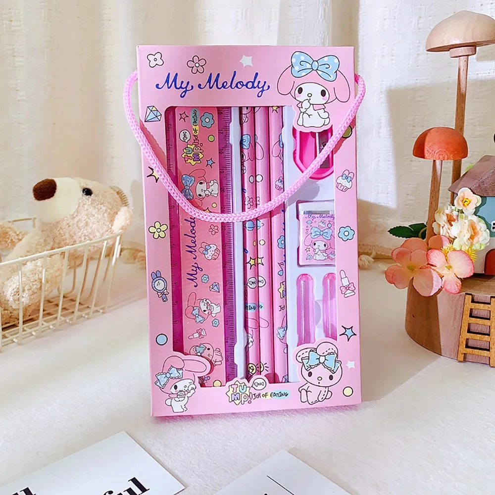 Sanrio Stationery Set Kawaii Hellokitty Melody Kuromi Cinnamoroll Children's School Supplies Pencil Eraser Ruler Christmas Gifts stationery set