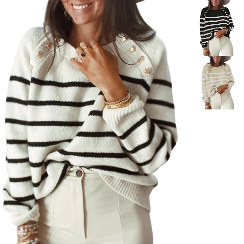 

2023 Autumn and Winter New Striped Pullover Shoulder Buckle Sweater Women