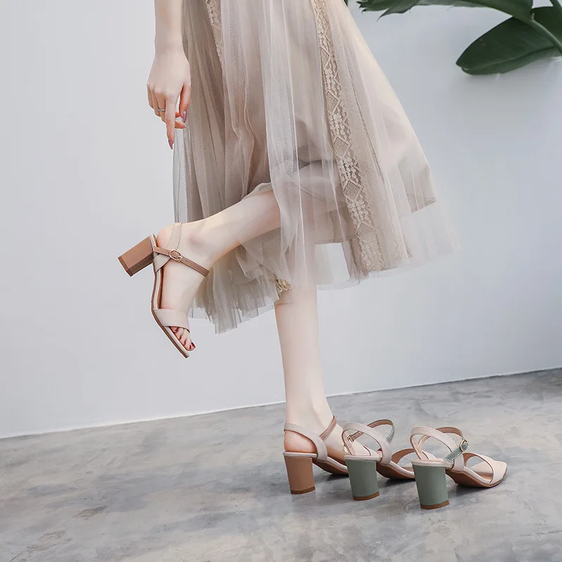 2023 Summer Sandals Woman Fashion Large Size High-heeled Rome Shoes PU Hoof Heels TPR Slides Fabric Large Size Low Sandal Woman