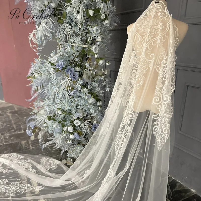 

PEORCHID Luxury Bride Veil With Comb Velo De Novia Largo Soft Tulle Applique Lace Veils For Women Wedding Cathedral Veil