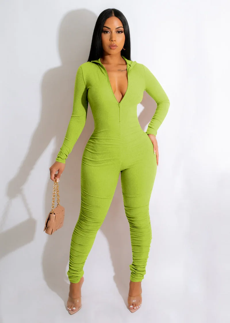 

Sexy Zip Up Ruched Jumpsuit Long Stacked Pants For Women Turndown Collar Night Club Wear Rompers Evening Party Bodycon Jumpsuits