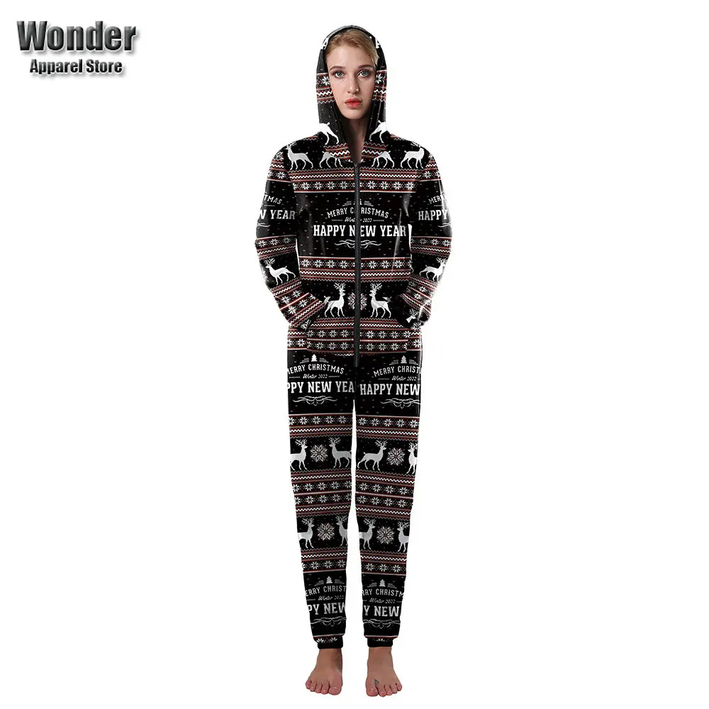 

Men Women Autumn Winter One-piece Creative Santa Elk 3D Print Zipper Hoodie Suit Christmas Night Party Pajamas Outfit Costume