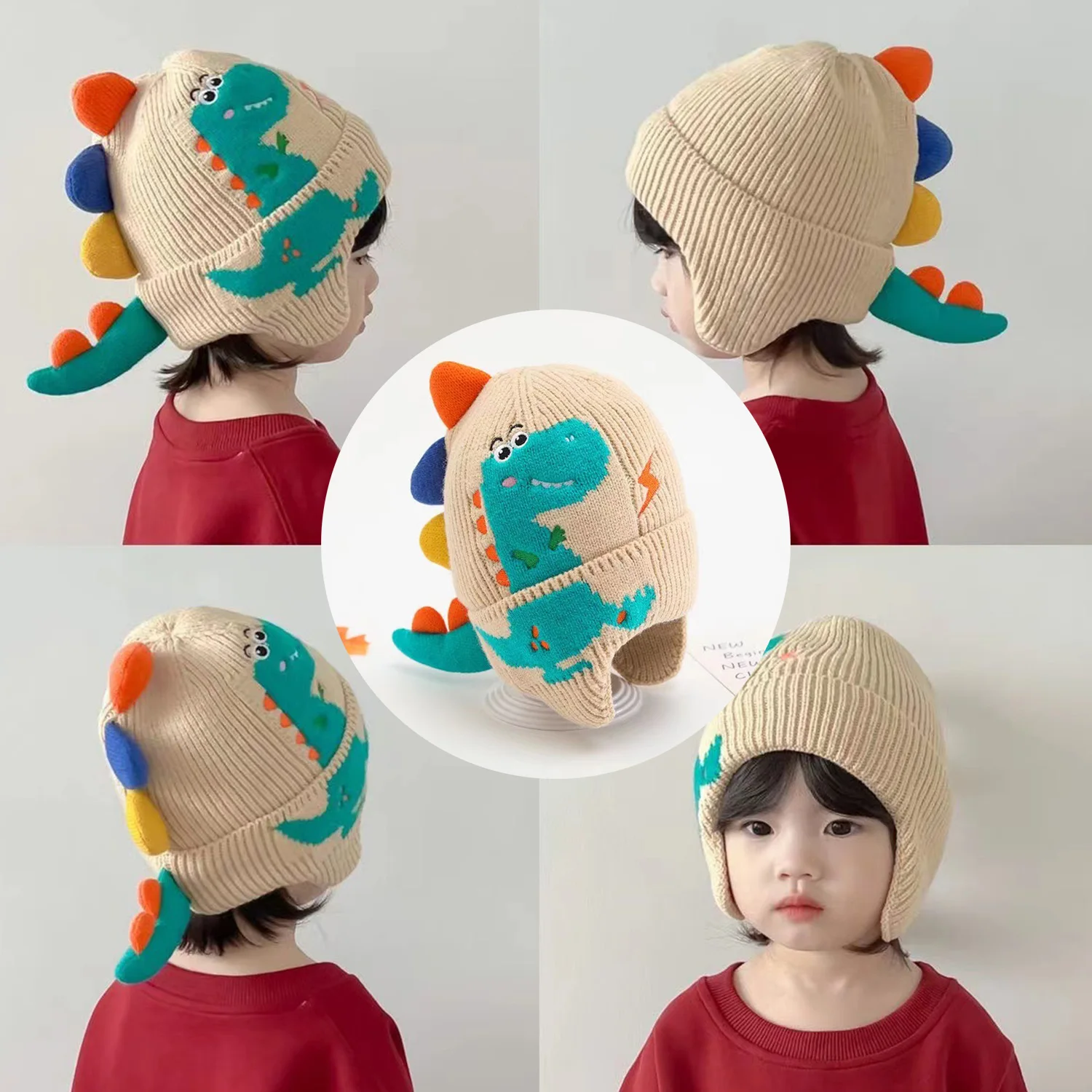 

Winter Baby Knit Hat Korean Cartoon Dinosaur Beanie Cap for Toddler Boys Girls Colorful Kids Warm Ear Protection Caps Bonnet