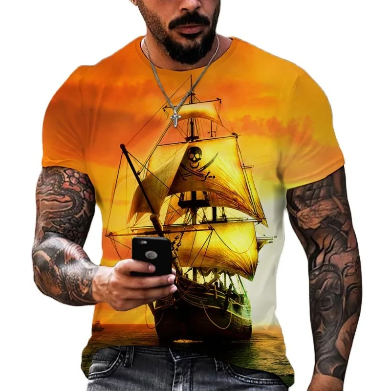 

Men's T-shirts Vintage 3D Ships Print Short Sleeve Pirate Ship T Shirt For Men Clothing Oversized Tee Shirt Men Camiseta Hombre