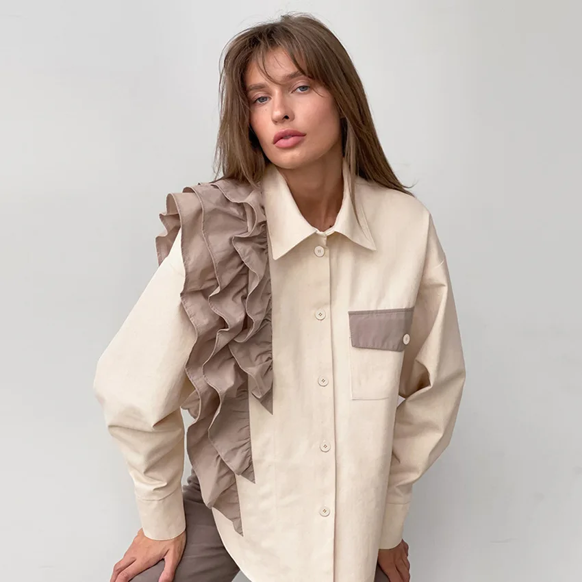 

French Design Shirt Asymmetrical Top 2023 Autumn and Winter New Loose Color Casual Shirts