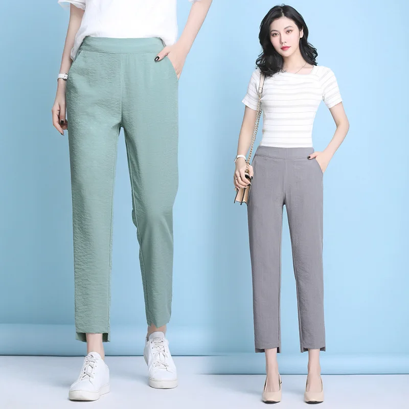 2023 New Women Casual Harajuku Spring Summer Trousers Solid Elastic Waist Cotton Linen Pants Ankle Length Harem Pants S-4XL