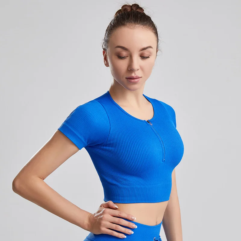 Woman Sports Top With Zipper Yoga Crop Top Ribbed Short Sleeve For Fitness Workout T-shirt Tops Gym Clothing Sportswear sports t shirt yoga top yoga shirt sports shirt