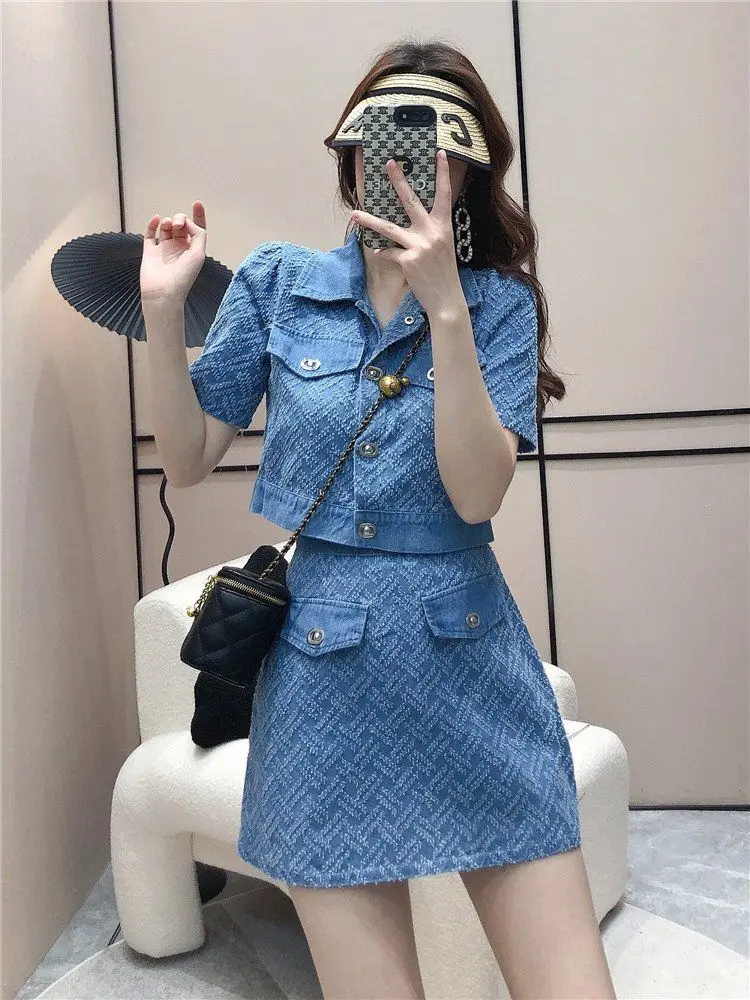 Fashion Age Reducing Denim Set Women's Summer Short Sleeve Shirt Top+Slim High Waist A-line Half Length Short Skirt