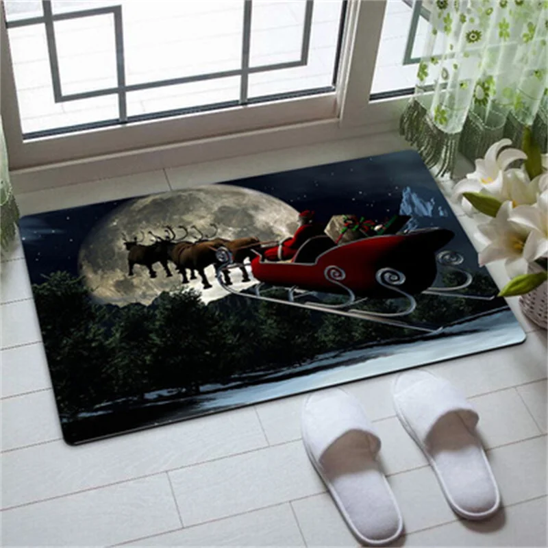 Christmas Elk Floor Mat Santa Welcome Home Anti-Slip Door Mat Polyester Kitchen Bathroom Decor Merry Christmas Decoration