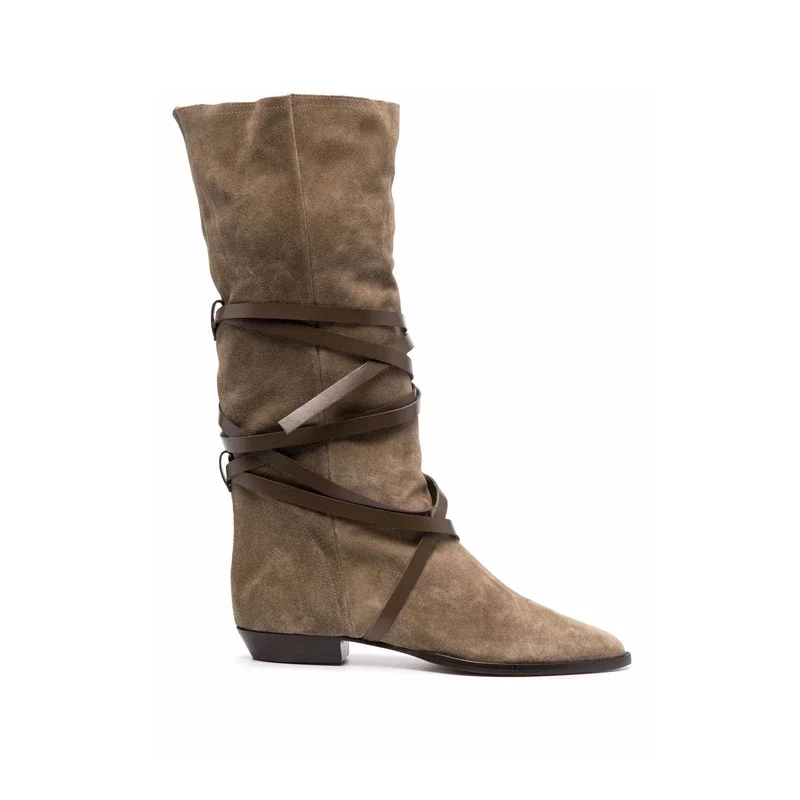 

Med-Calf Large Girth Boots Woman Slip On Simple Pleated Shoes Cow Suede Daily Green Cross-Tied Spring Autumn Woman Boots