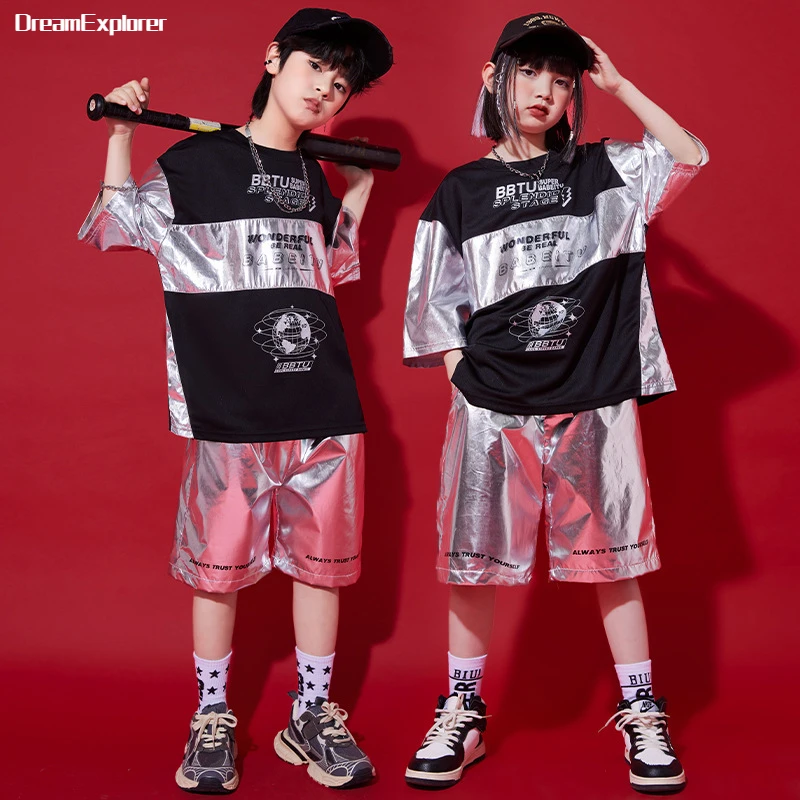 

Boys Hip Hop Patchwork T-shirt Silver Street Dance Shorts Girls Sequin Streetwear Kids Jazz Clothes Sets Child Summer Costumes