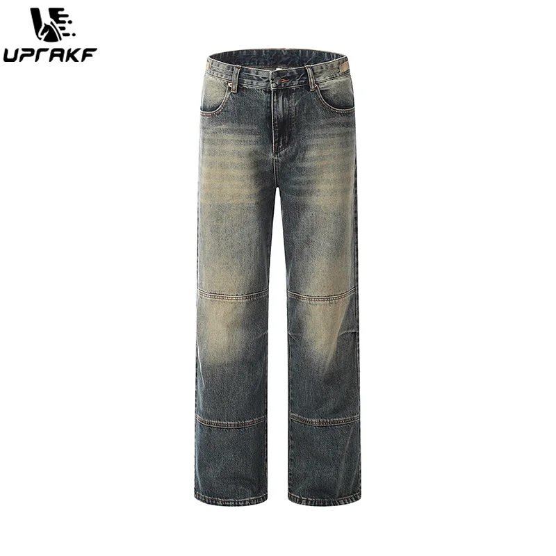 UPRAKF Baggy Pocket Jeans Distressed Denim Autumn Fashion Basic High Street Pants Casual Pantalones